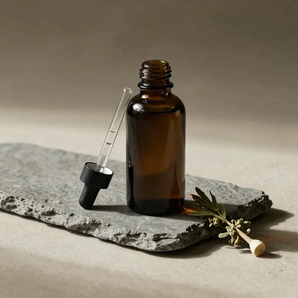 Dark-glass CBD oil bottle with dropper, stone tray and herb stem in dramatic side light.