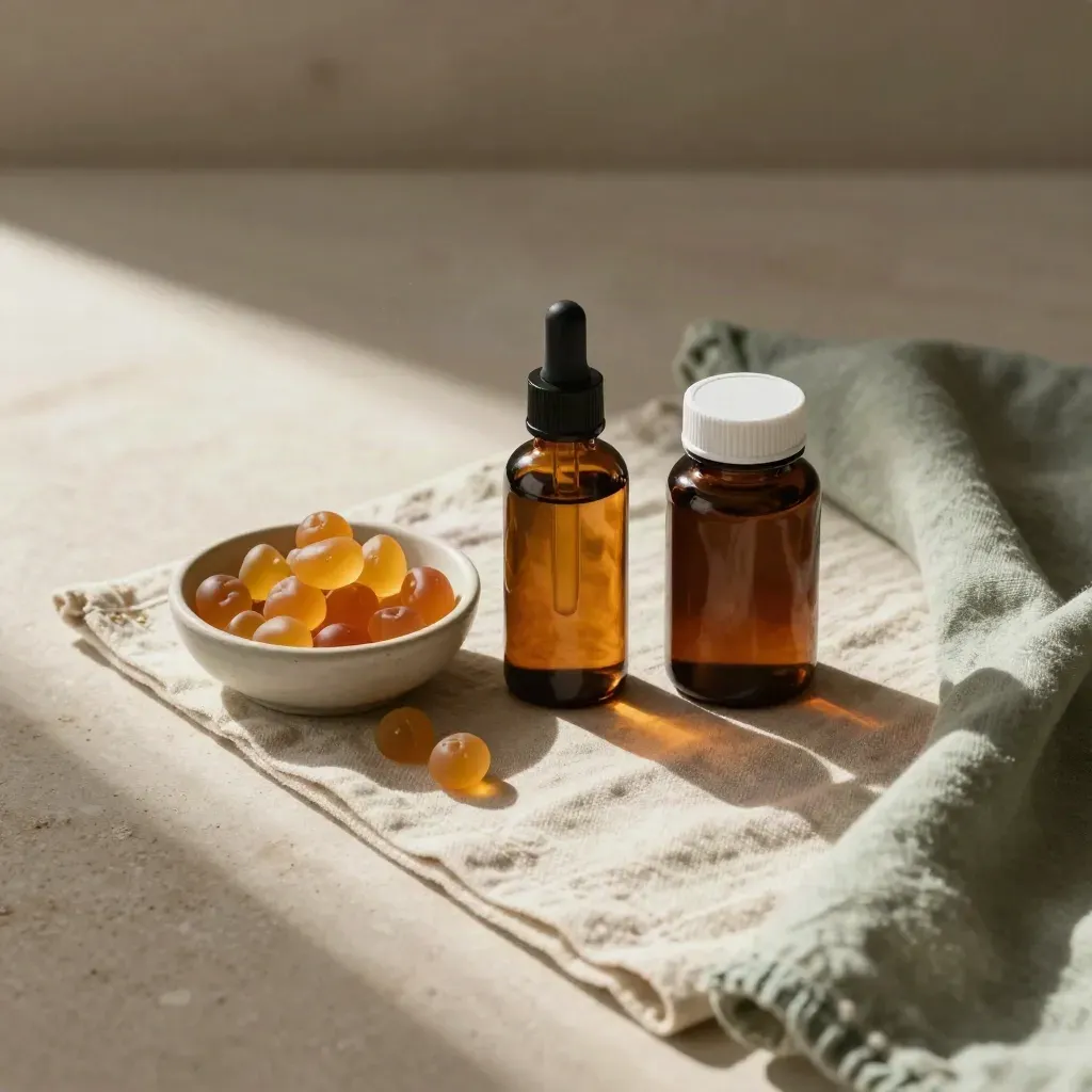 Amber CBD bundle with oil, softgels and gummies on linen beside a ceramic bowl.