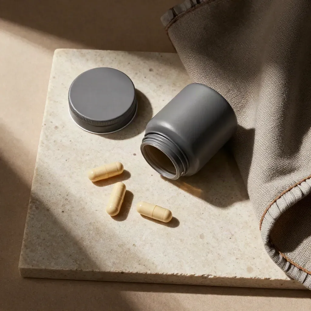 Overhead flatlay of a CBD softgels jar, capsules, and folded stone cloth on pale limestone.
