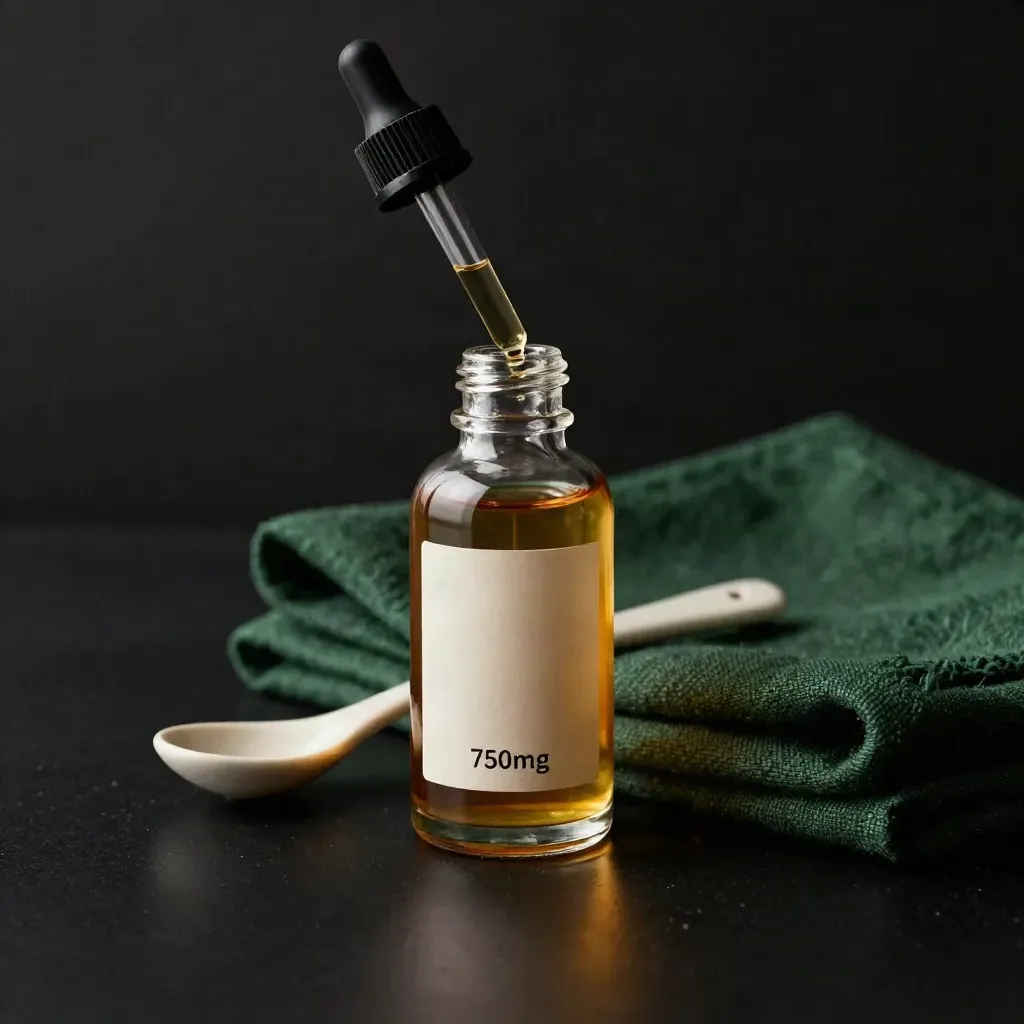 Clear amber hemp tincture bottle with dropper, spoon and folded cloth on matte black.