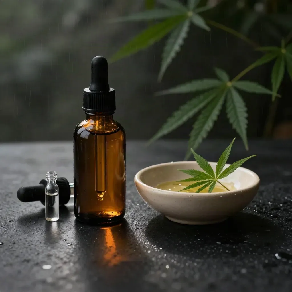 Amber CBD oil bottle with dropper, vial, bowl, stone dish and hemp sprig on dark surface.