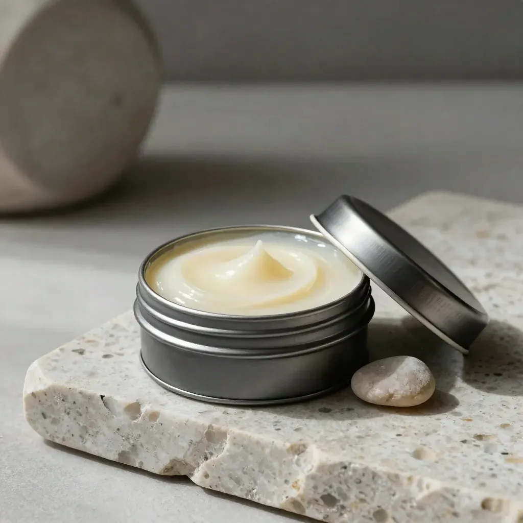 Open CBD balm tin on pale stone with a pebble and cool mist.