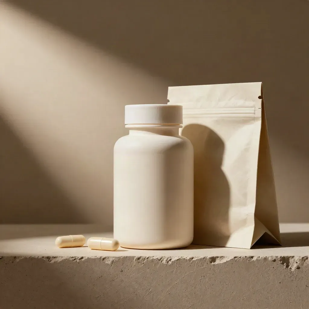 Matte cream CBD capsule bottle with two capsules and folded paper pouch against plaster.