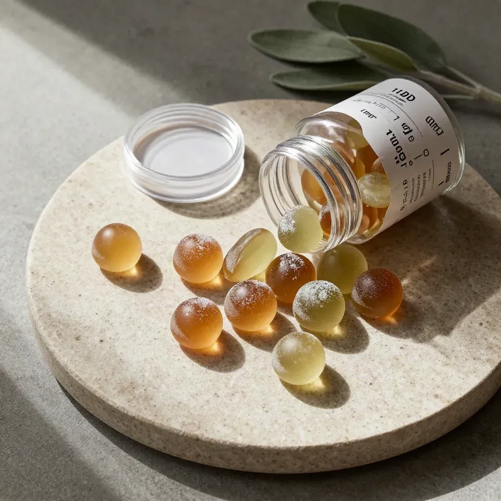 Overhead flatlay of CBD gummies beside a small jar on brushed stone with soft daylight.