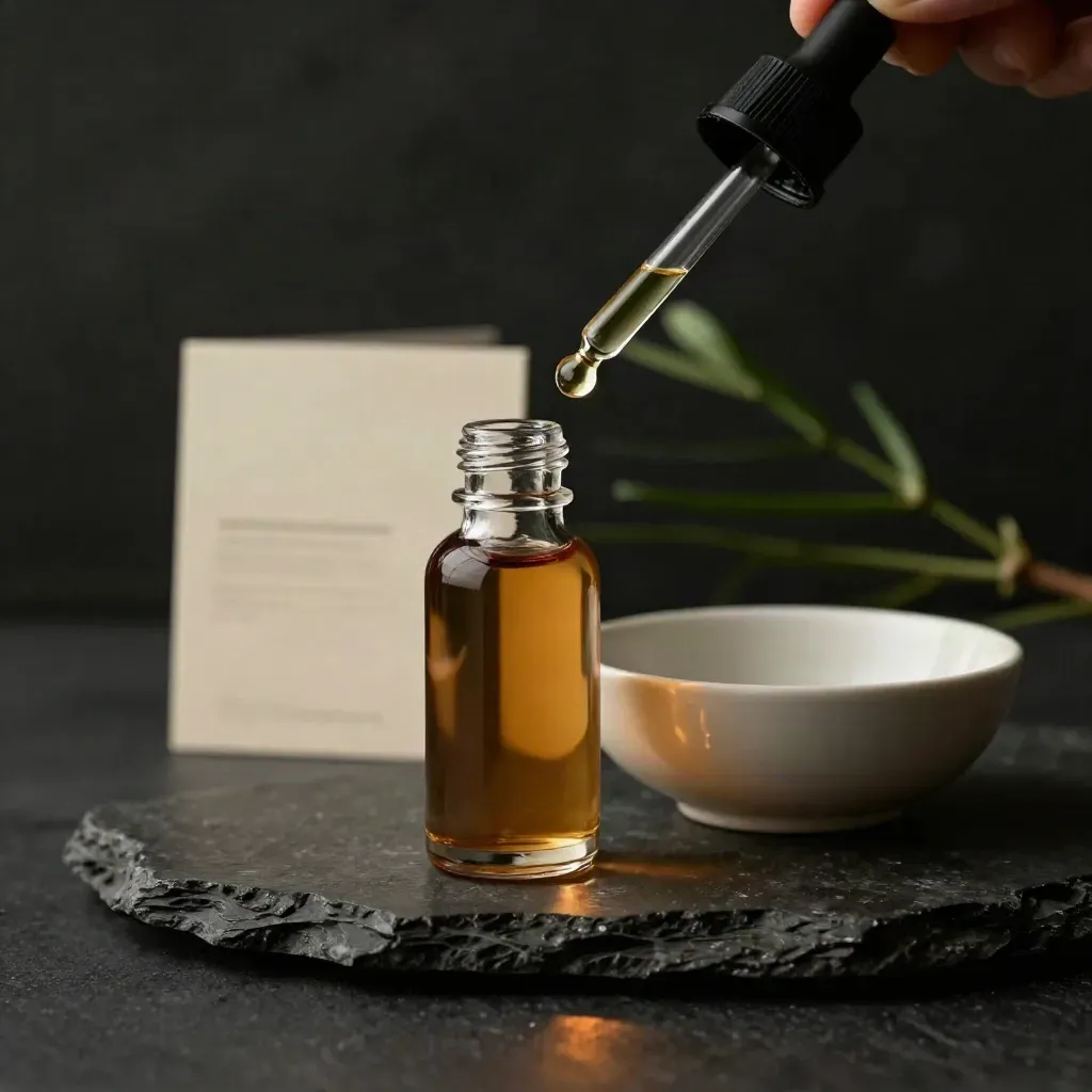 Tiny bottle with pipette and ceramic bowl on dark stone, lit dramatically with forest-green accent.