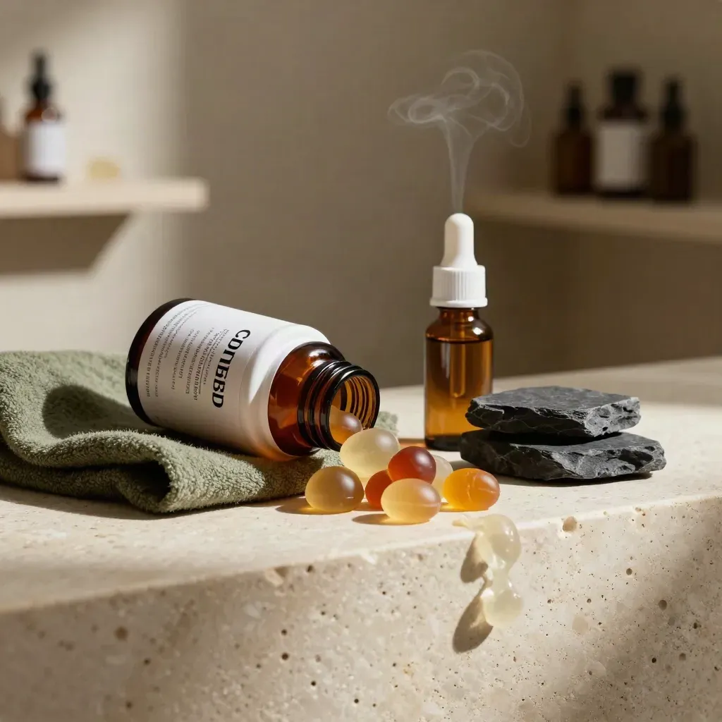 CBD oil, gummies and softgels on moss cloth with stacked stone in warm side light.