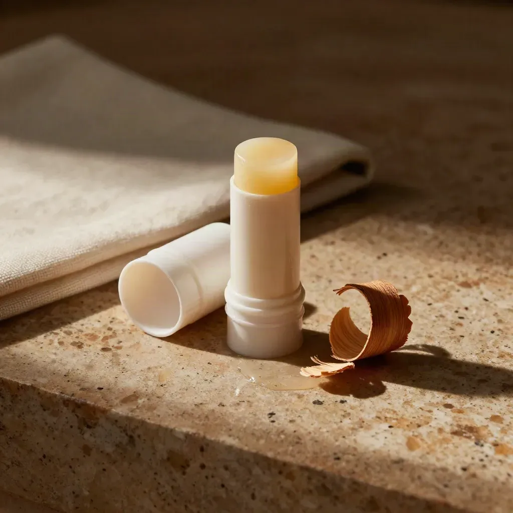 Diagonal CBD balm stick with cap off, cedar shaving, on pale stone in soft warm light