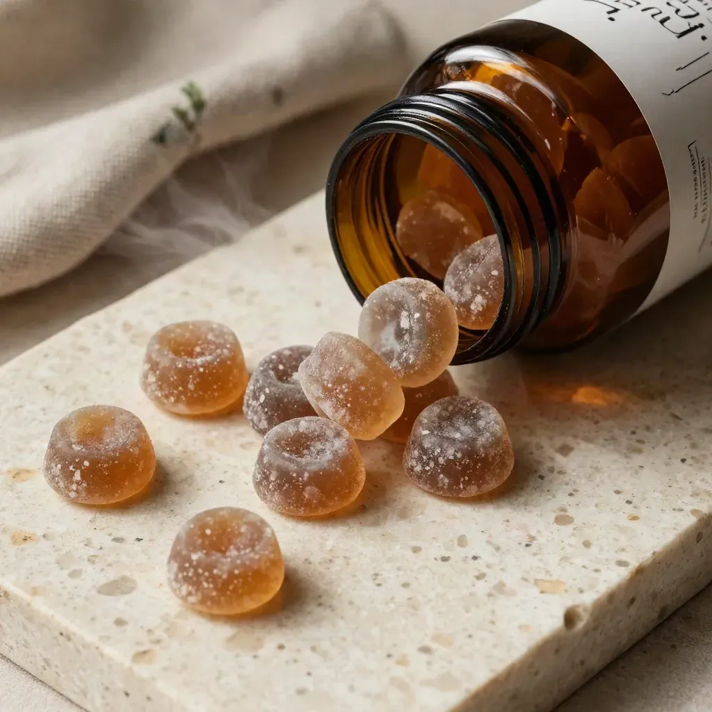 Amber jar of moon-toned gummies spilling on travertine beside a linen fold