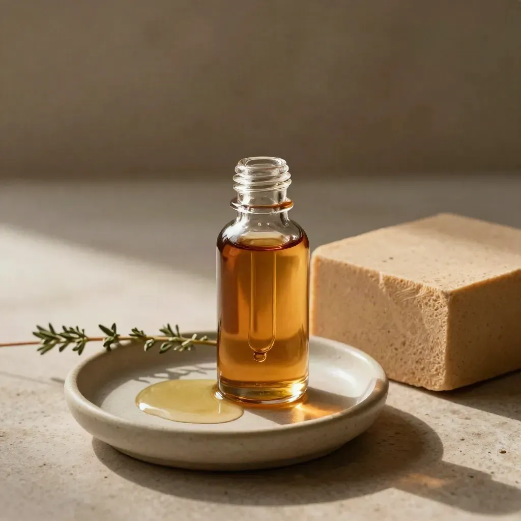 Clear bottle of amber CBD oil with dropper beside ceramic dish, plaster block, herb stem.