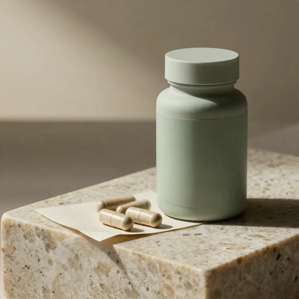 Matte bottle of hemp capsules with aligned capsules on folded paper on travertine.
