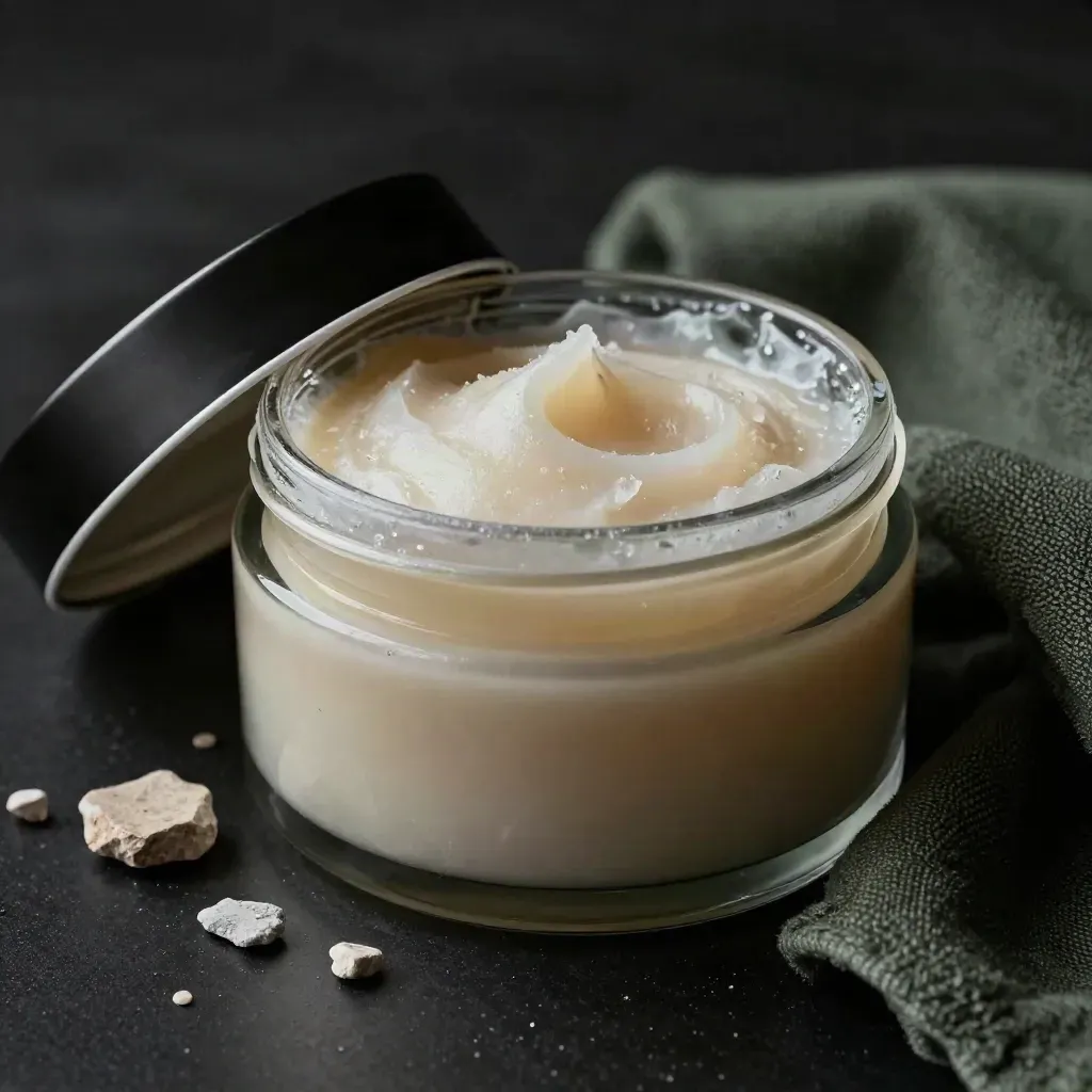 Open jar of cooling balm with stone chips and forest-green cloth on a dark studio surface.