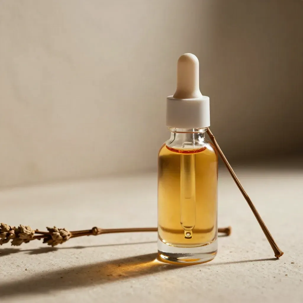 Tall unlabelled tincture bottle with dropper and dried stems on pale stone, warm cream light