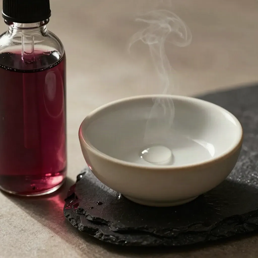Clear berry-mint extract bottle with tiny bowl on dark stone, misty studio light.