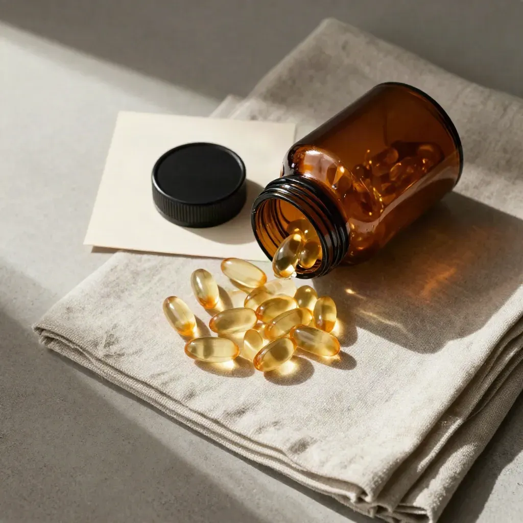 Overhead flatlay of an amber CBD softgels jar with capsules fanned over sage linen on pale concrete.