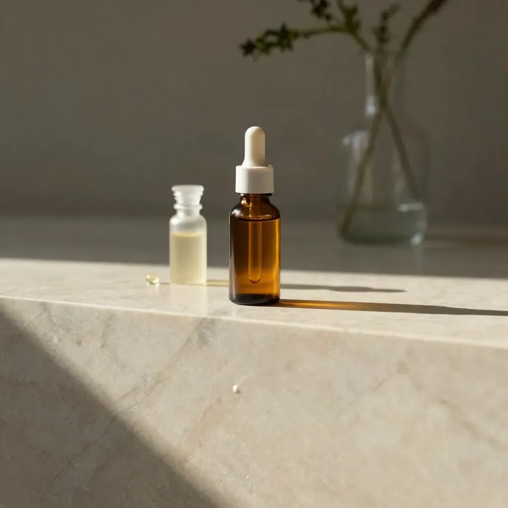 Amber CBD oil bottle and dropper on pale marble with herb stem and glass blur in soft morning light