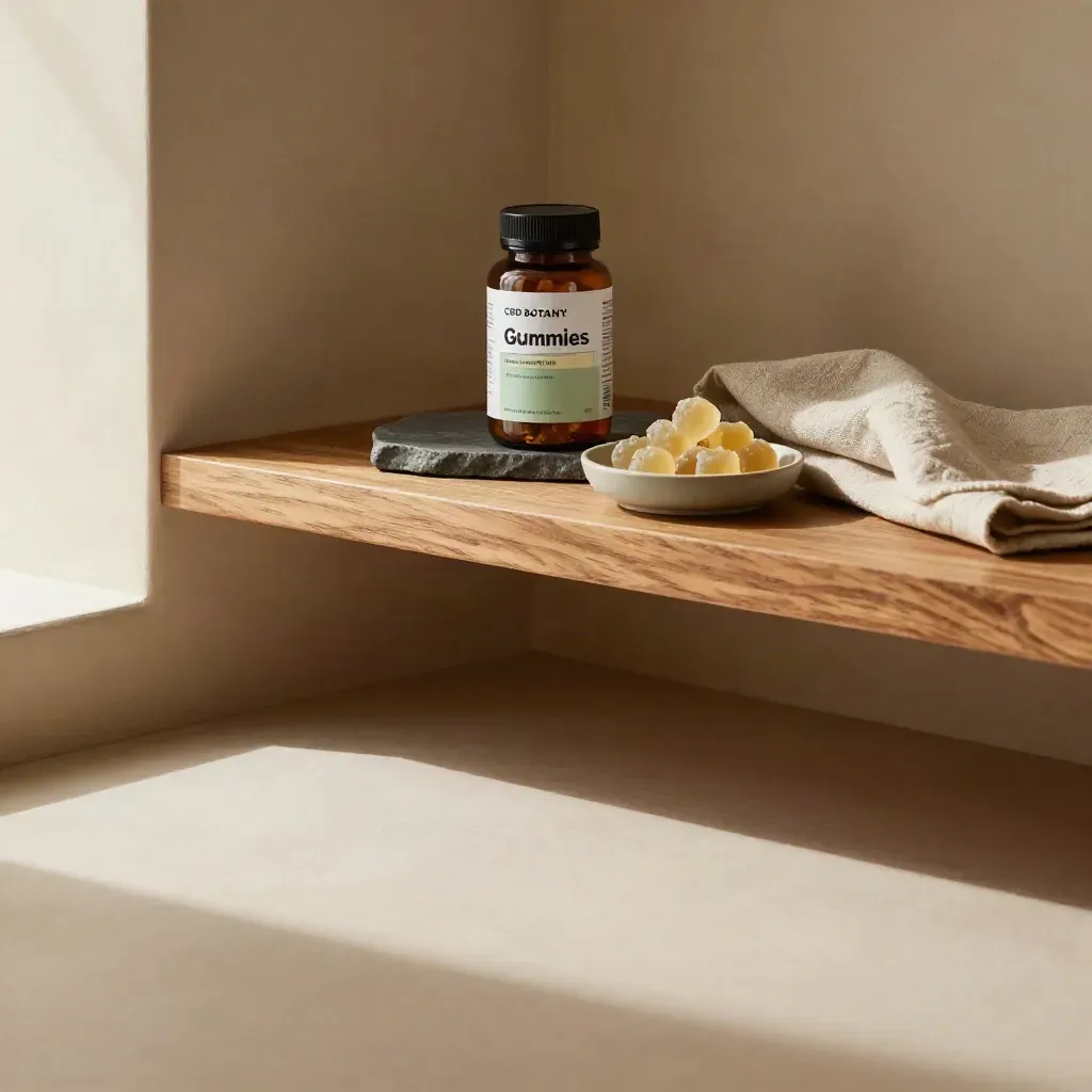 Amber jars of CBD gummies on a warm wooden shelf with linen and soft daylight