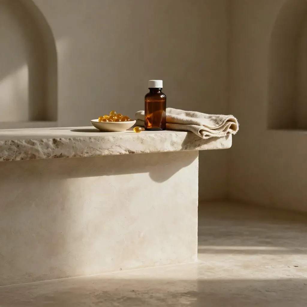 Plaster arcade with stone ledge and amber softgels in warm afternoon light.