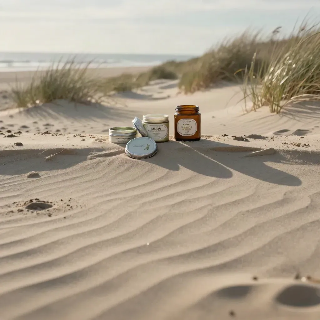 Sunlit sand terrace with balm tins and dune grass under a misty coastal horizon